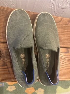 Rothy's Olive Green Knit Slip-On Loafers with Blue Heel Tab